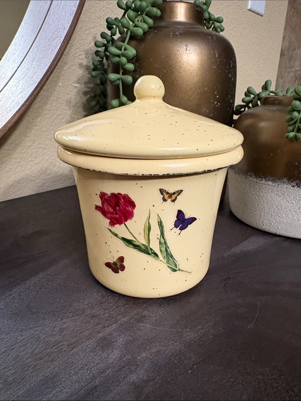 Cream Floral Butterfly Enamel Canister with Lid